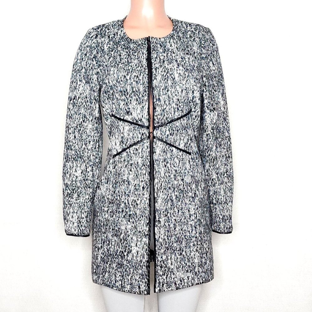 Peter Nygard Tunic Length Blazer Jacket Black White Silver Threading